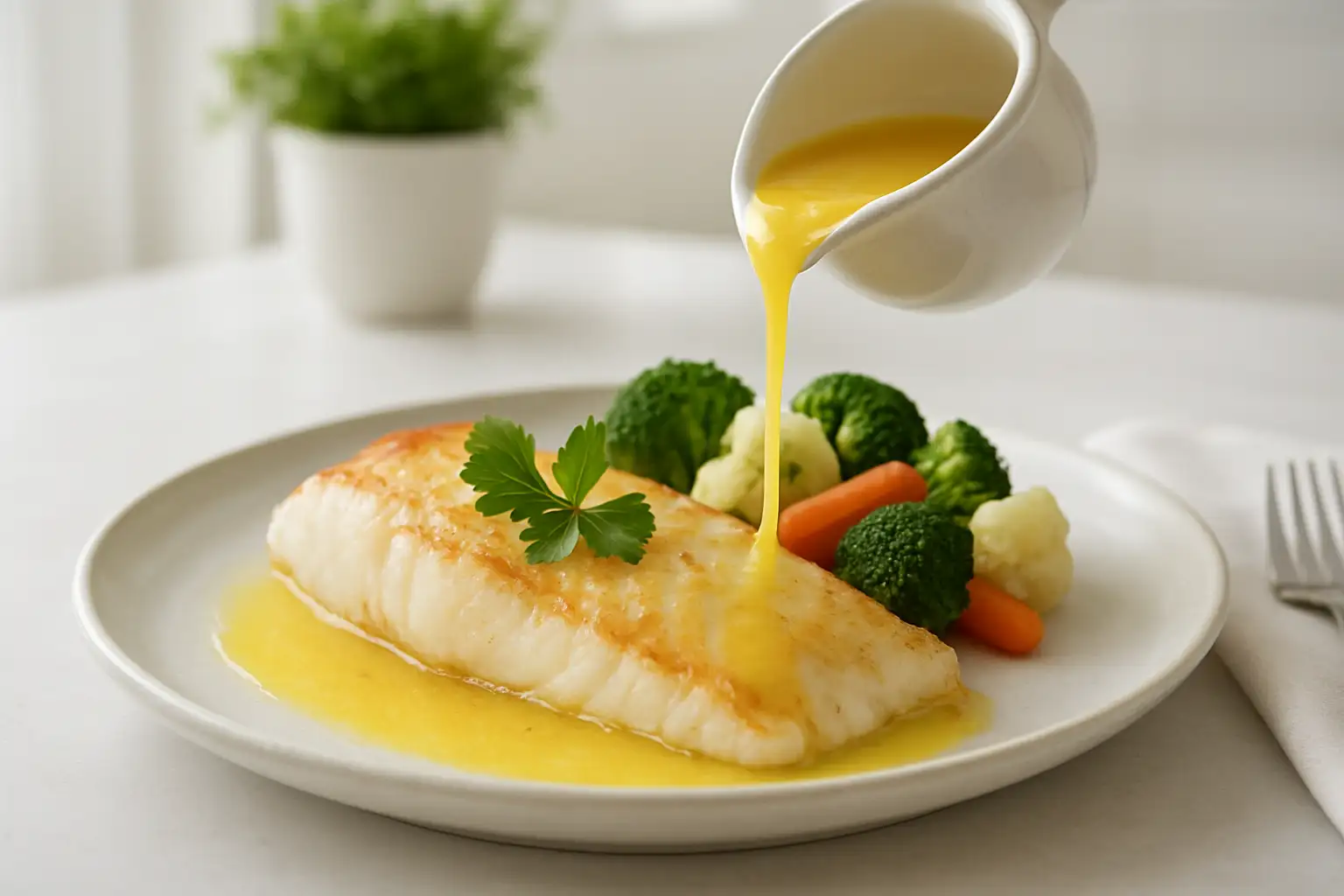 Poisson blanc nappé d’une sauce au citron et au beurre avec des herbes fraîches
