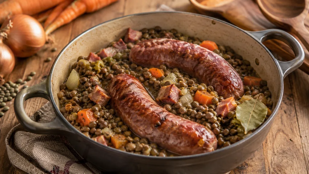 Saucisses aux lentilles mijotées avec des carottes, des lardons et des oignons dans une cocotte.