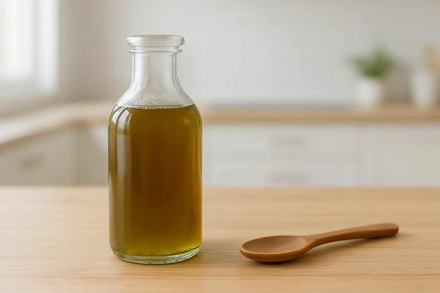 Bouteille en verre remplie de sirop de menthe maison sur une planche en bois