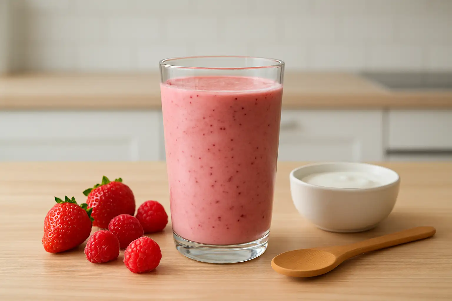 Smoothie aux fruits rouges onctueux dans un verre, avec fraises, framboises et yaourt à côté