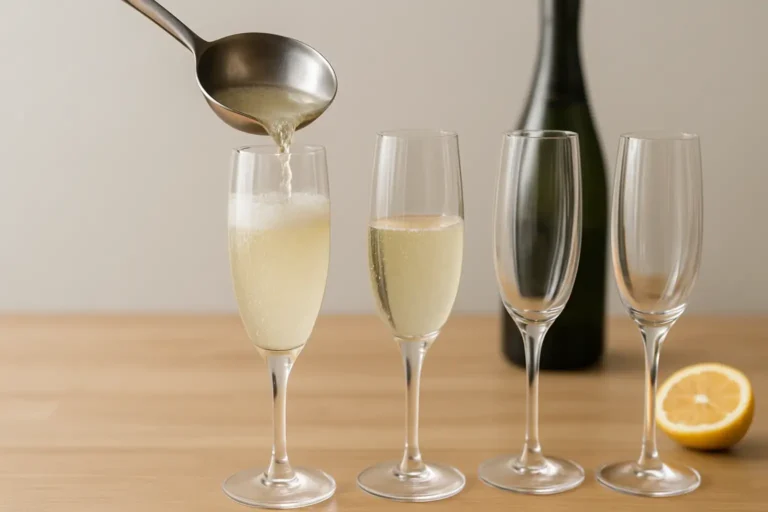 Louche versant une soupe angevine pétillante dans des flûtes, avec une bouteille de crémant et un demi-citron en arrière-plan