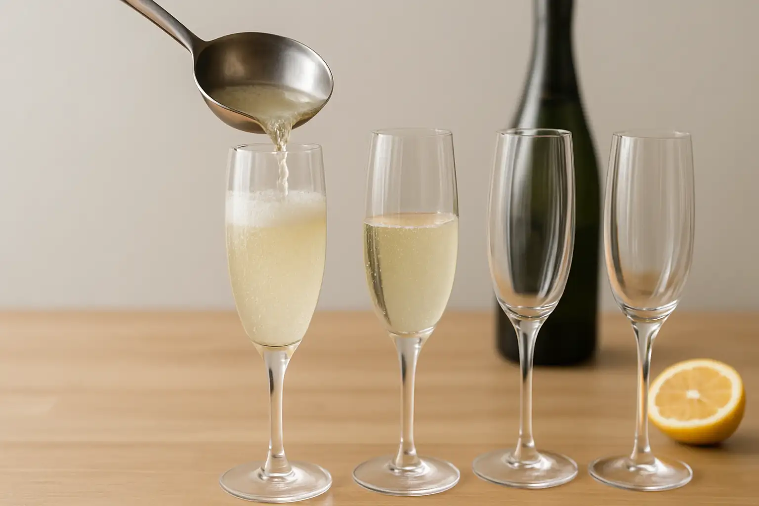Louche versant une soupe angevine pétillante dans des flûtes, avec une bouteille de crémant et un demi-citron en arrière-plan
