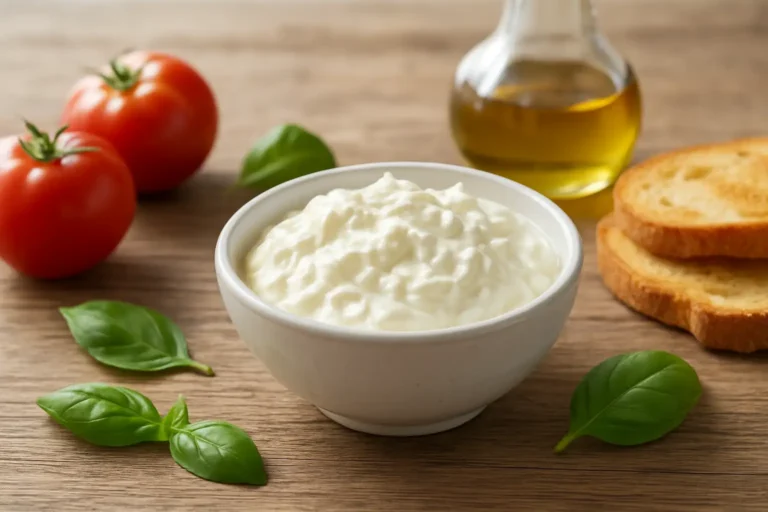 Stracciatella italienne servie dans un bol avec tomates, basilic et pain grillé