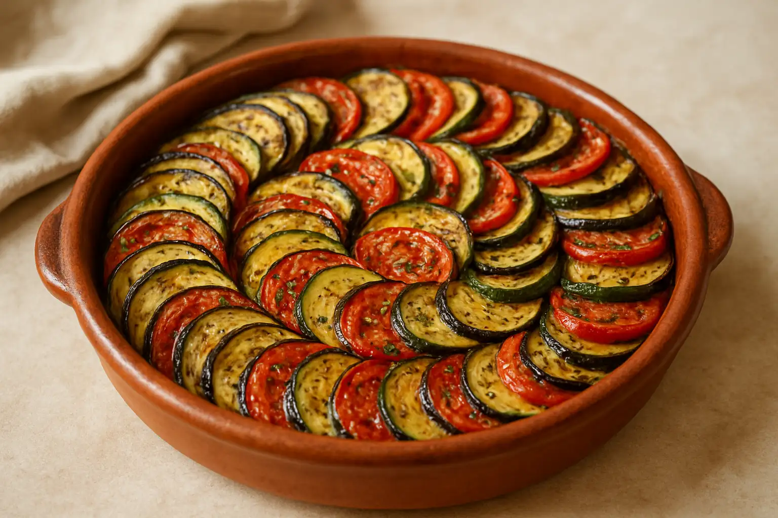 Tian de légumes provençal dans un plat en terre cuite avec aubergines, courgettes et tomates