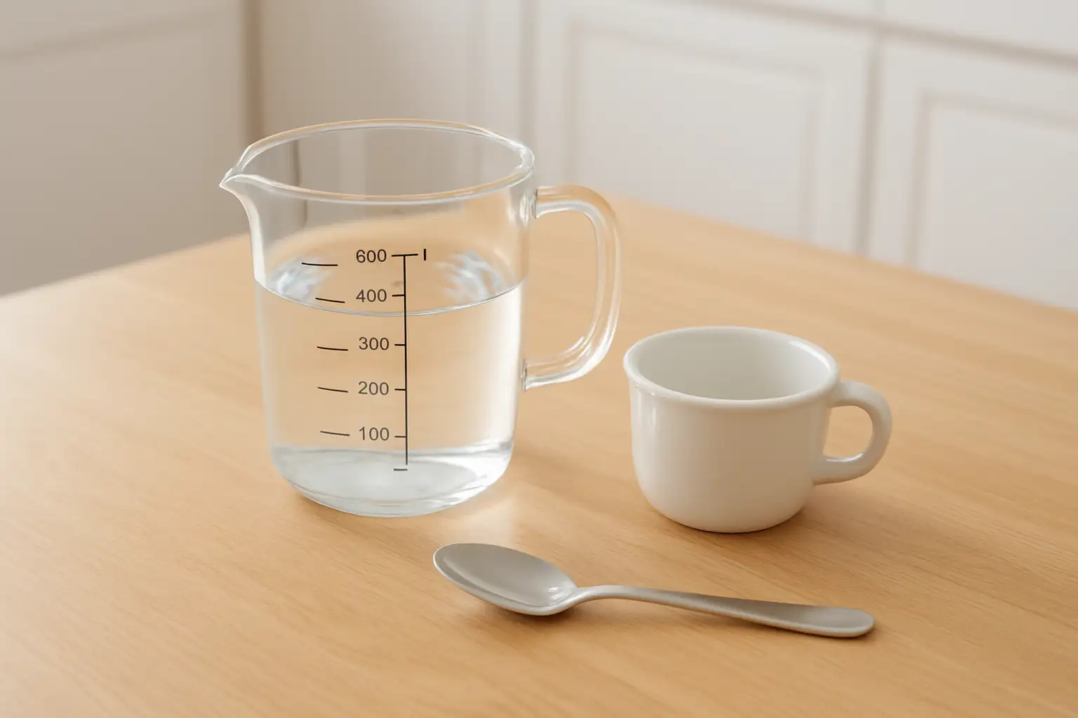 Verre doseur gradué montrant 100 ml avec un récipient de 10 cl en cuisine