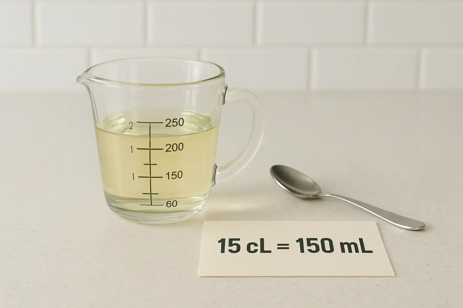 Verre doseur indiquant 150 ml pour illustrer la conversion de 15 cl en ml en cuisine