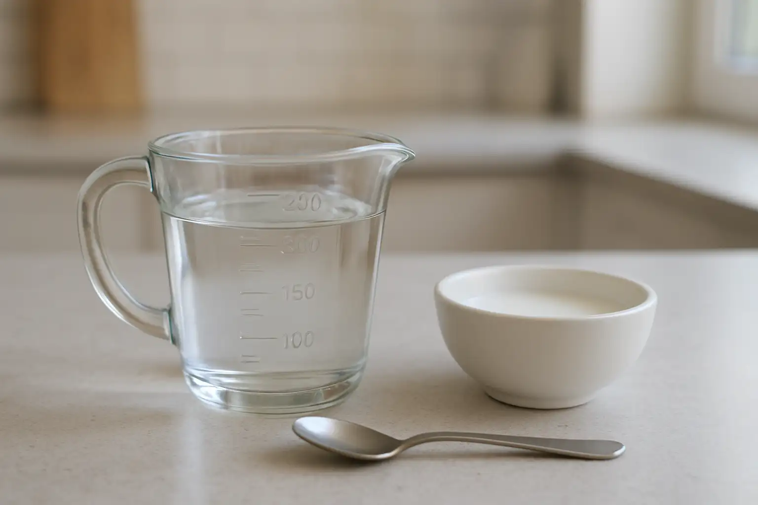 Verre doseur rempli à 150 ml sur un plan de travail de cuisine