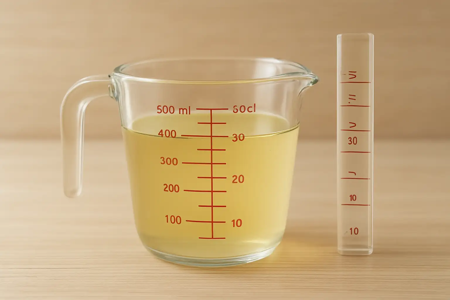 Verre doseur indiquant 300 ml et 30 cl sur un plan de travail de cuisine