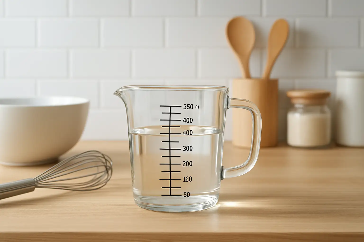 Verre doseur montrant 350 ml dans une cuisine
