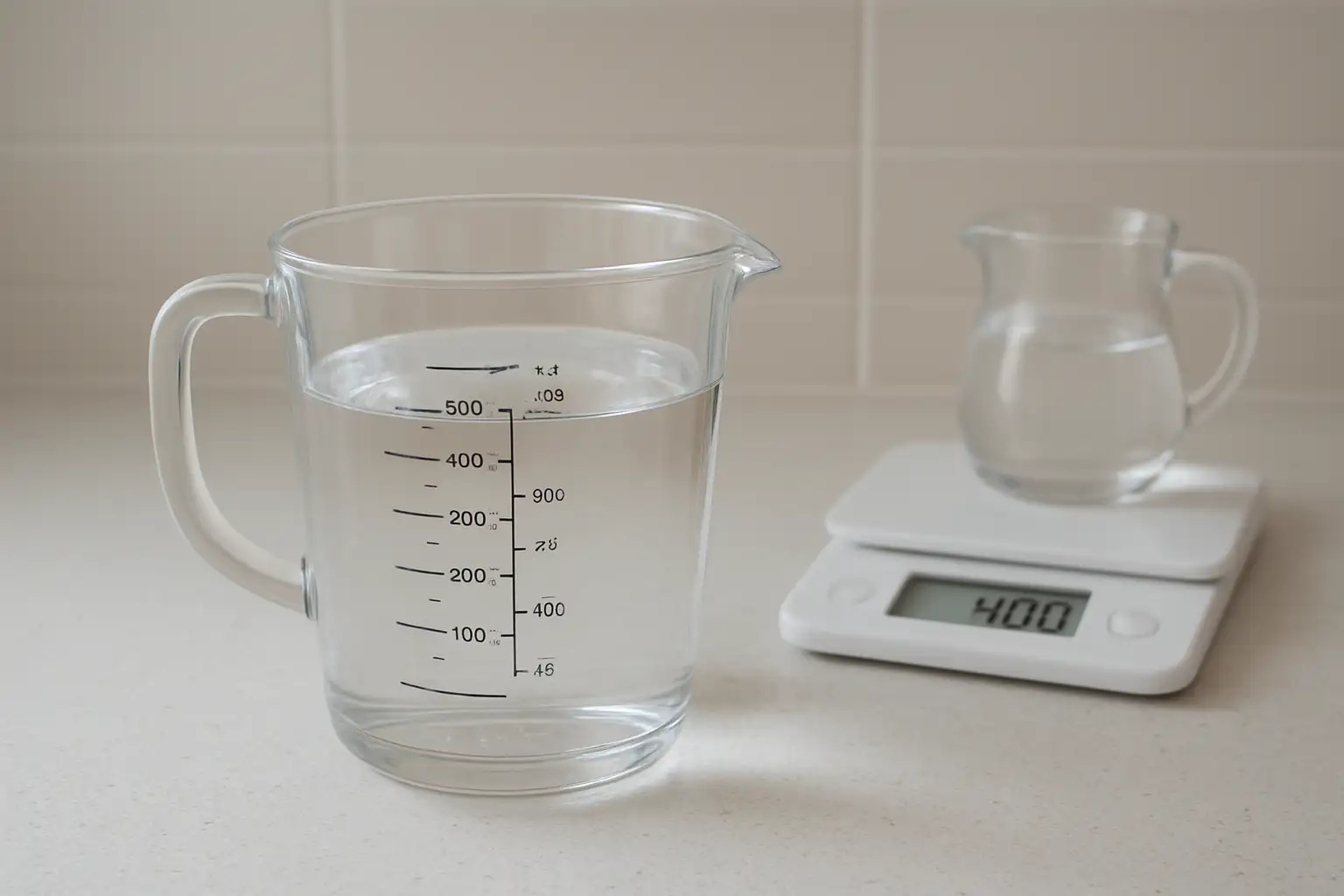 Verre doseur en cuisine indiquant 400 ml, équivalent à 40 cl