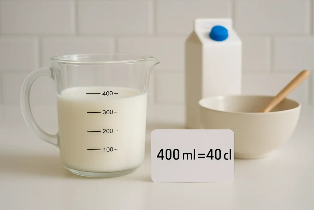 Verre doseur montrant 400 ml avec l’équivalence 40 cl en cuisine