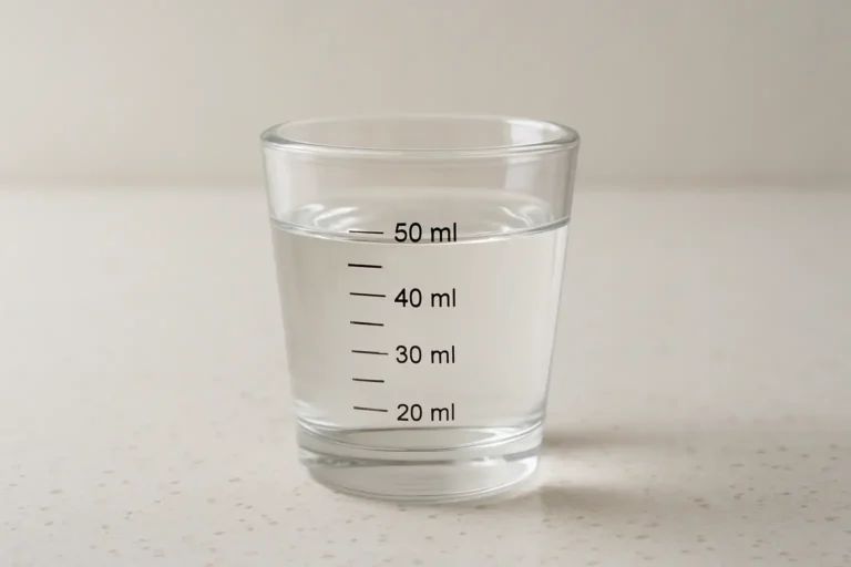 Petit verre doseur transparent rempli à 50 ml, repère utile pour comprendre que 50 ml valent 5 cl
