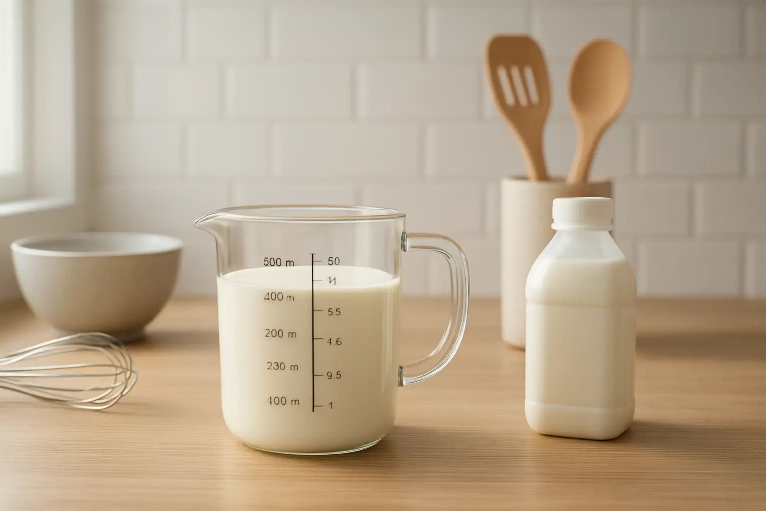 Verre doseur de cuisine avec 500 ml de liquide, illustrant la conversion en 50 cl
