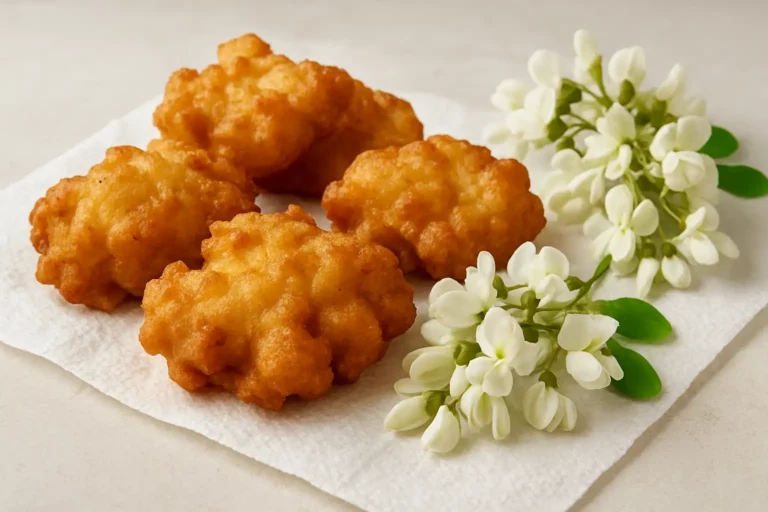 Beignets dorés de fleurs d'acacia posés sur papier absorbant avec des grappes fraîches à côté