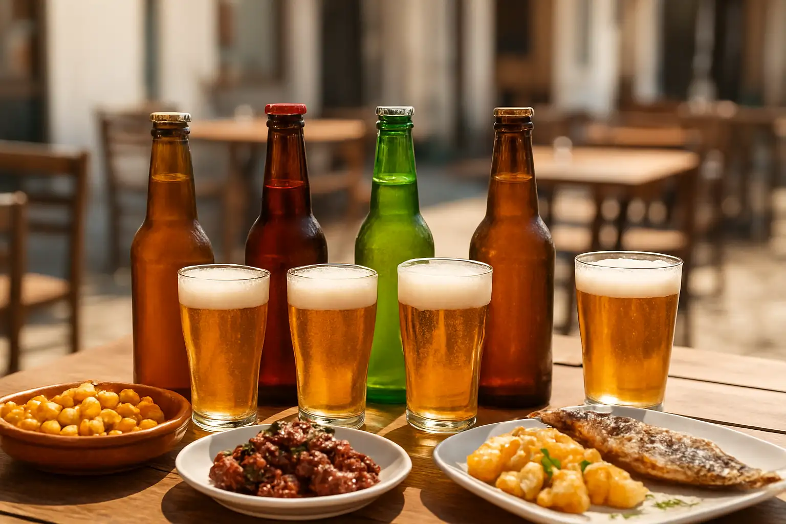 Assortiment de bières portugaises avec des petiscos sur une table