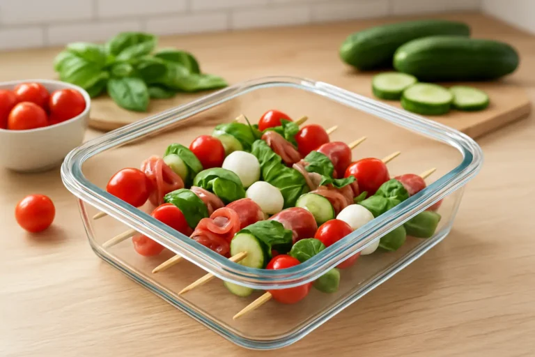 Brochettes apéritives préparées la veille et conservées au réfrigérateur dans une boîte hermétique