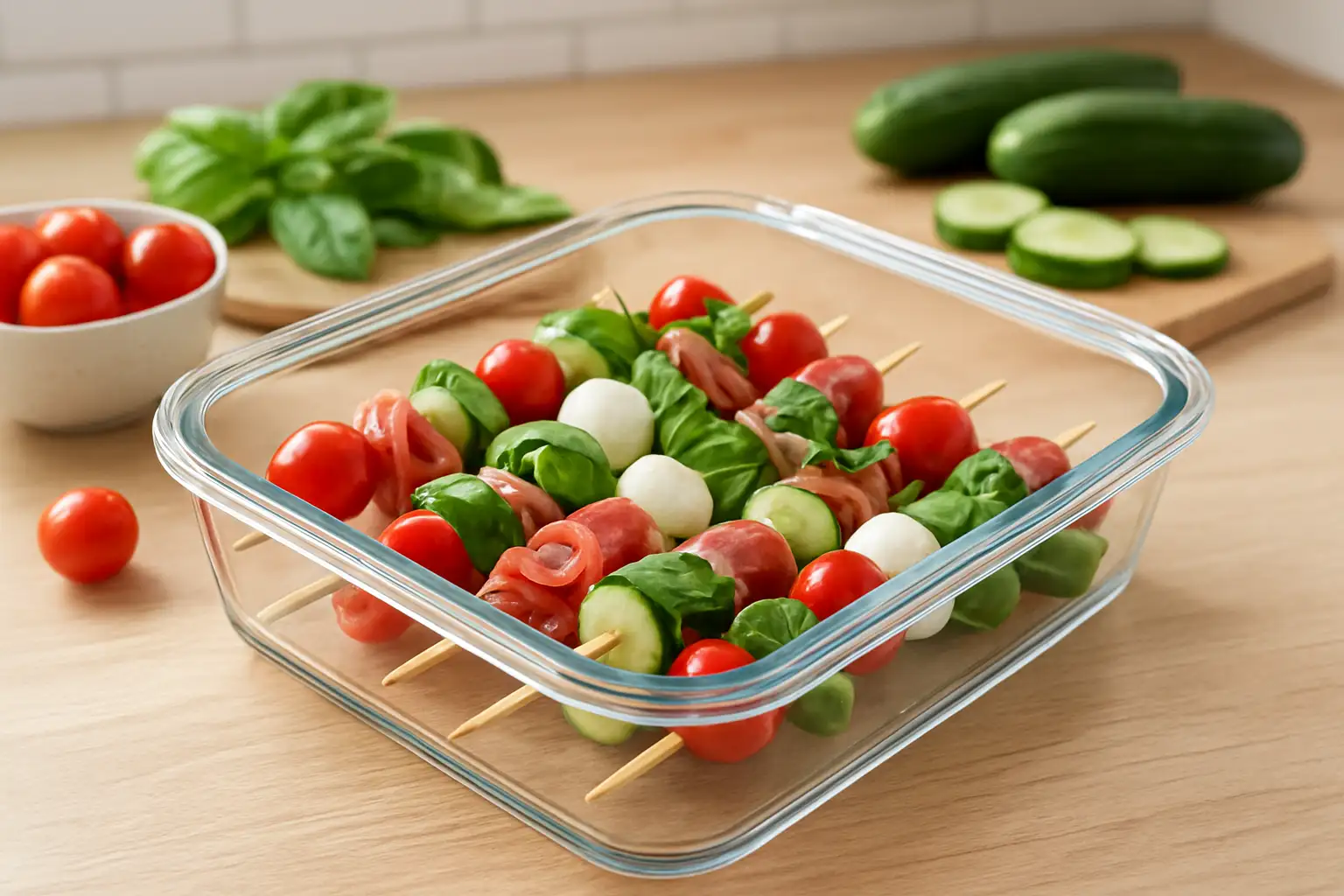 Brochettes apéritives préparées la veille et conservées au réfrigérateur dans une boîte hermétique