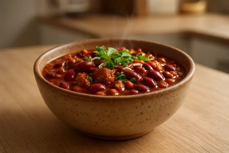 Bol de chili con carne servi dans un plat en céramique rustique