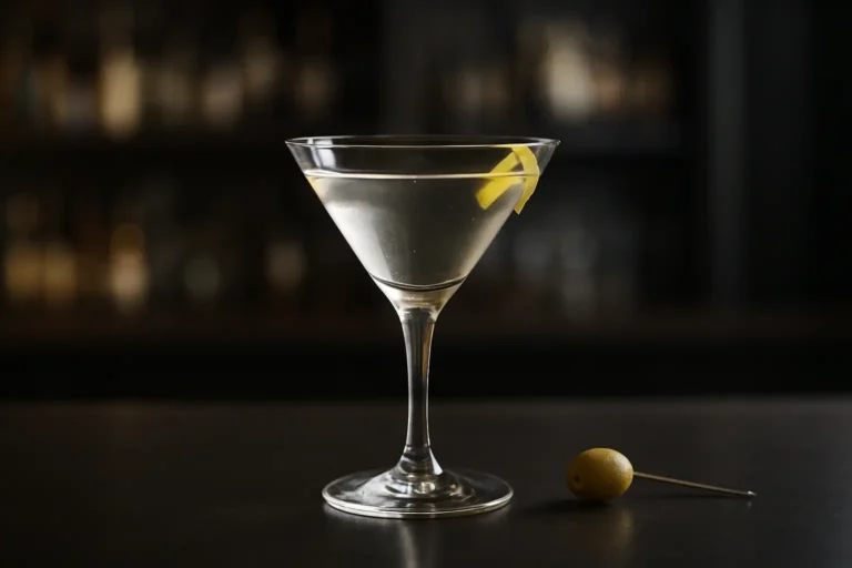Verre à martini contenant un cocktail Martini clair avec une olive et un zeste de citron