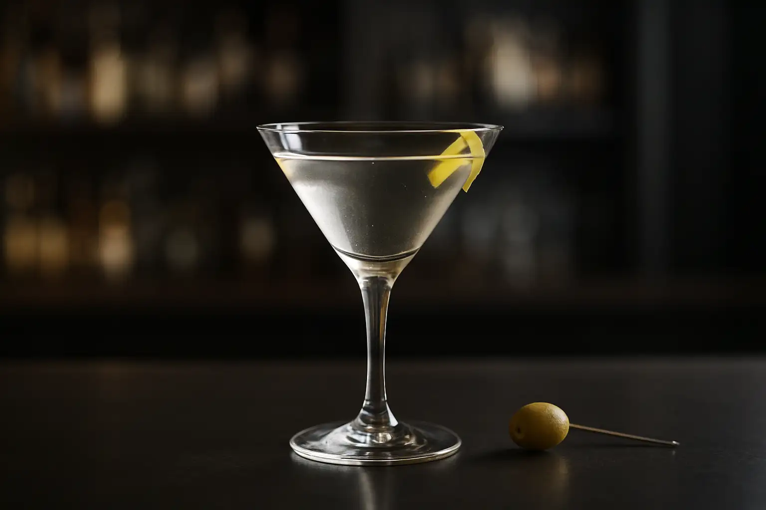 Verre à martini contenant un cocktail Martini clair avec une olive et un zeste de citron