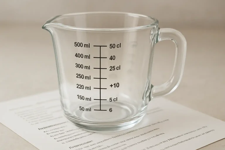 Verre doseur montrant la conversion de 250 ml en 25 cl sur une recette