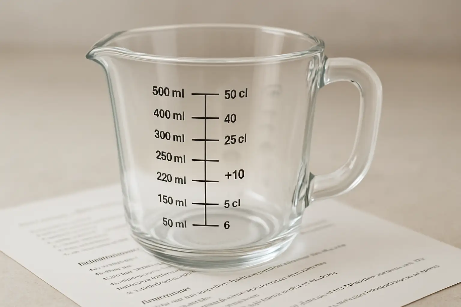 Verre doseur montrant la conversion de 250 ml en 25 cl sur une recette