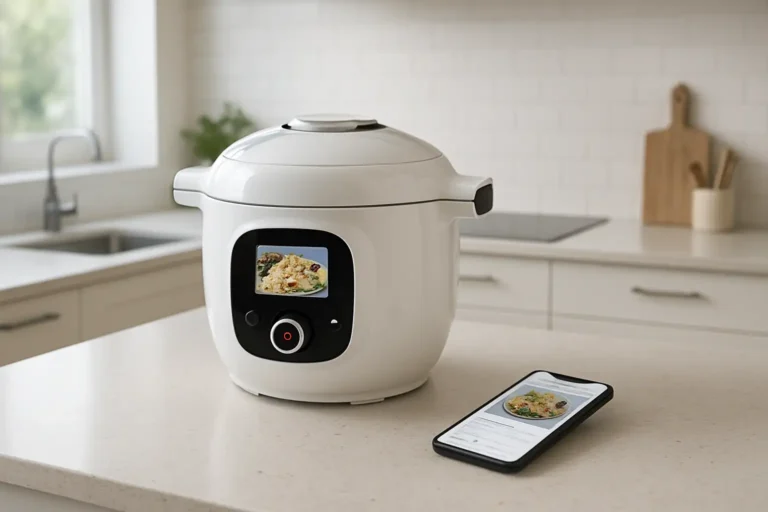 Multicuiseur Cookeo Connect avec smartphone affichant une recette guidée dans une cuisine moderne