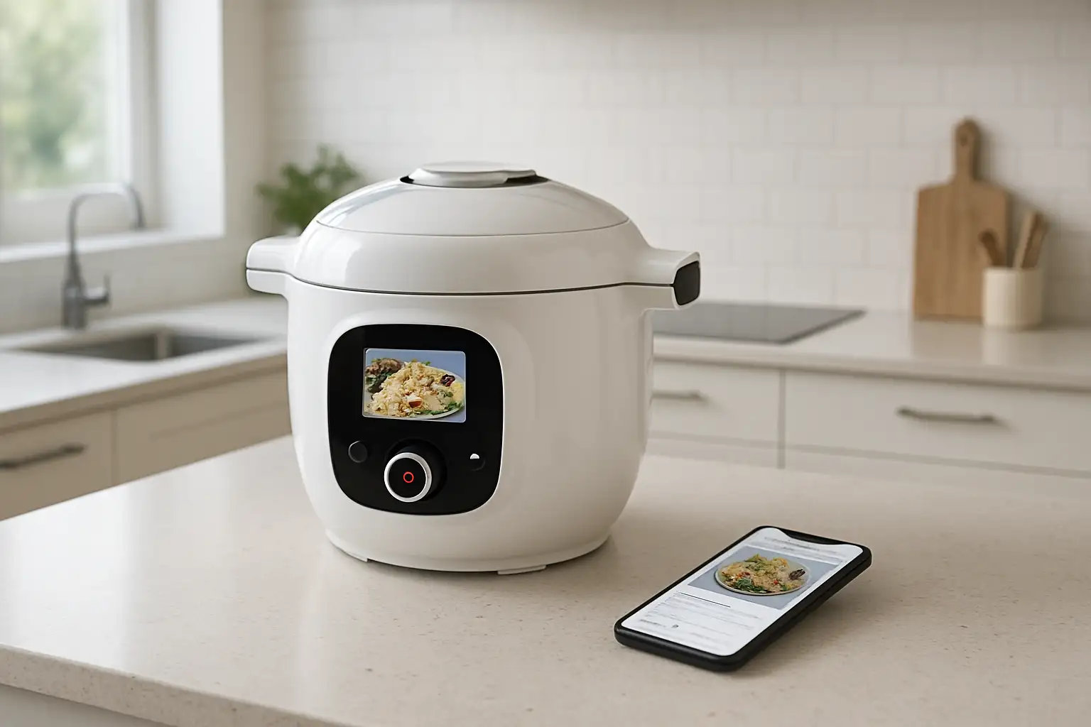 Multicuiseur Cookeo Connect avec smartphone affichant une recette guidée dans une cuisine moderne