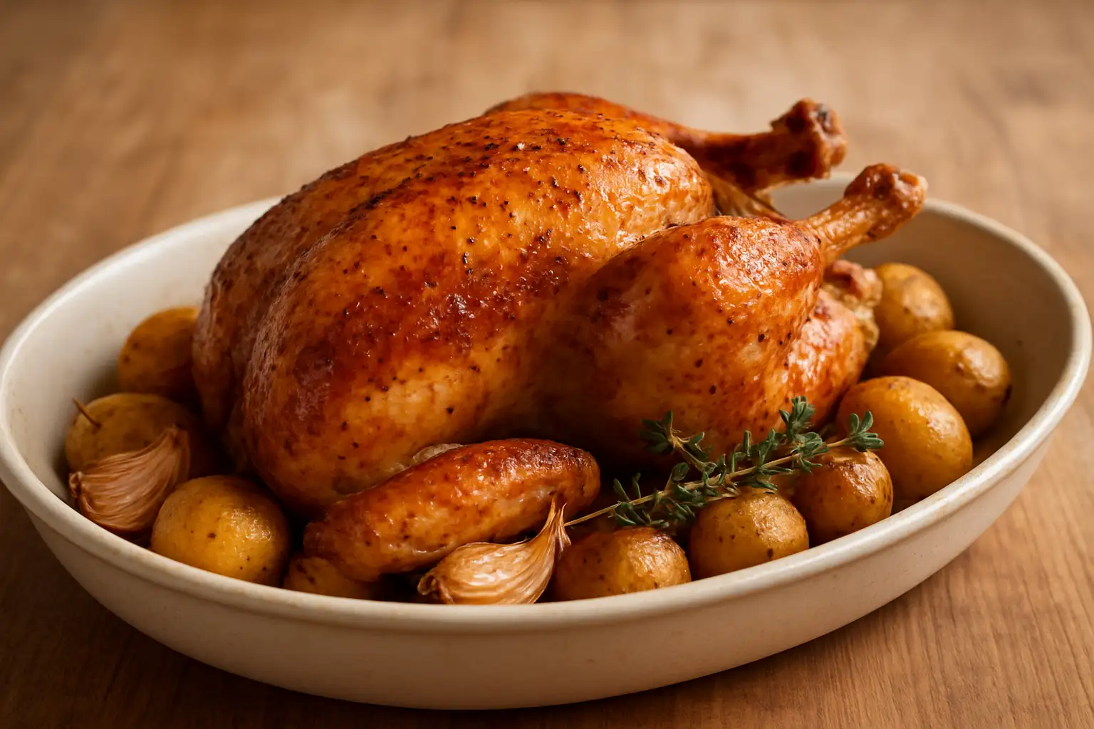 Coquelet rôti au four, peau dorée et croustillante, accompagné de thym, d’ail rôti et de pommes de terre nouvelles.