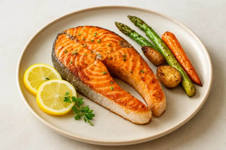 Darne de saumon cuite servie avec citron, herbes et légumes rôtis