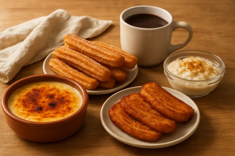 Assortiment de desserts espagnols traditionnels avec crema catalana, churros et arroz con leche