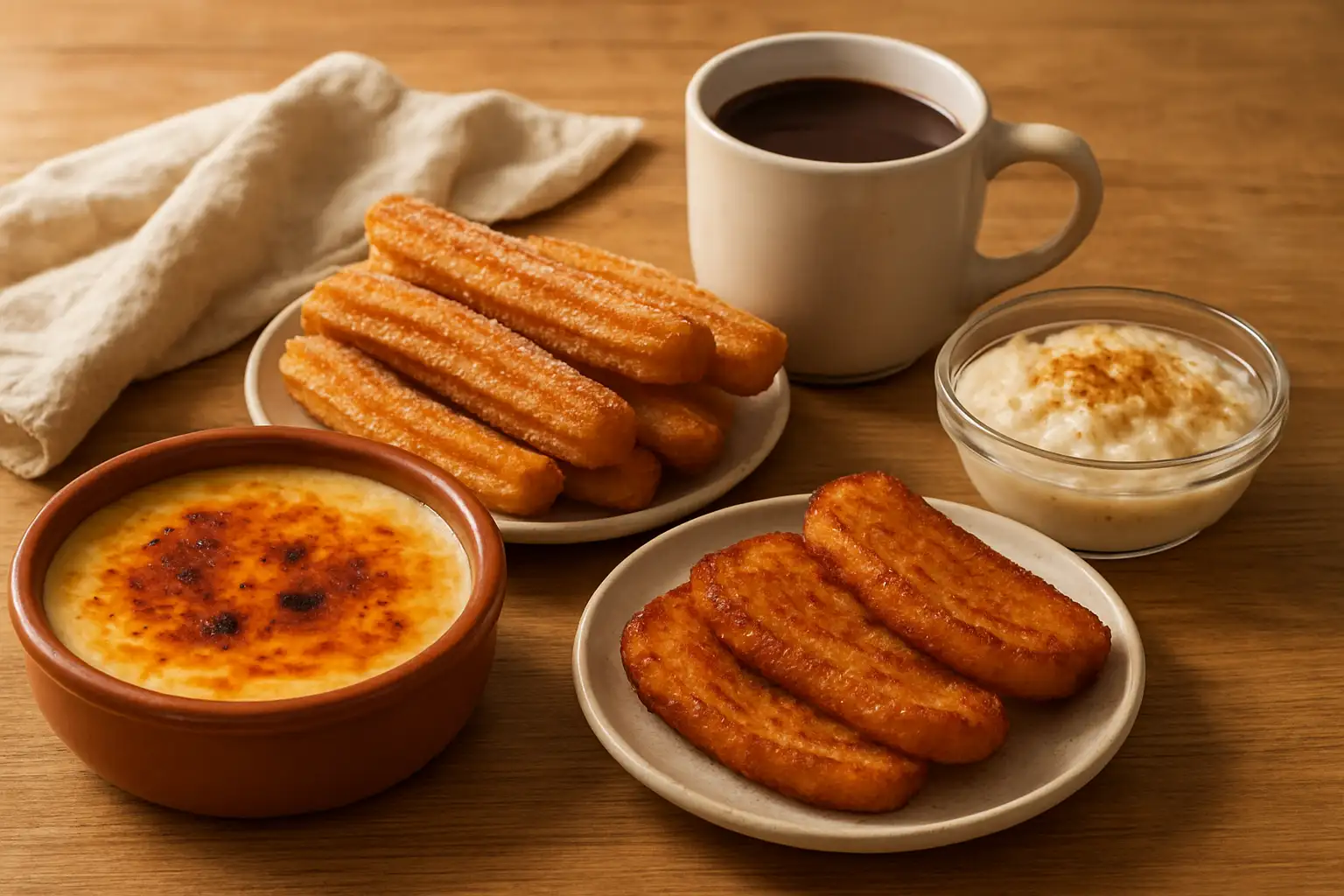 Assortiment de desserts espagnols traditionnels avec crema catalana, churros et arroz con leche