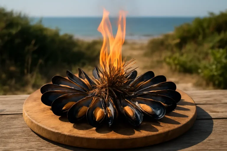 Éclade de moules traditionnelle sur une planche en bois avec aiguilles de pin brûlées