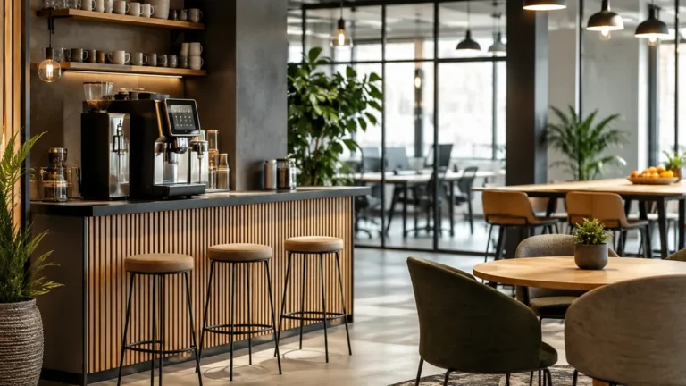Espace café convivial et moderne aménagé dans un espace de coworking lumineux.