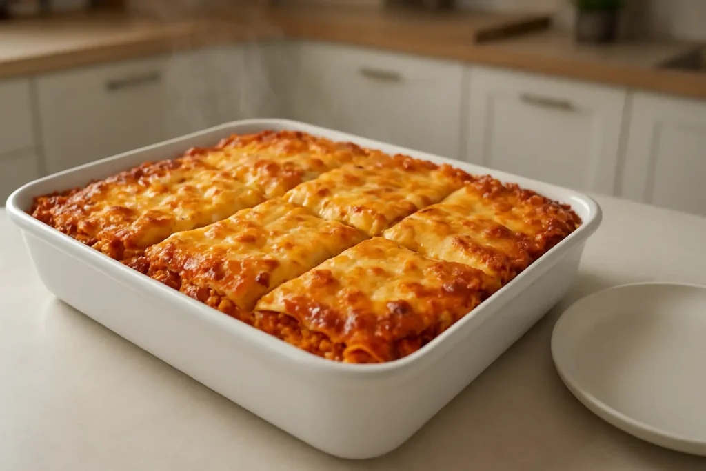 Plat rectangulaire de lasagnes thermomix dorées et gratinées, coupées en parts dans un plat blanc
