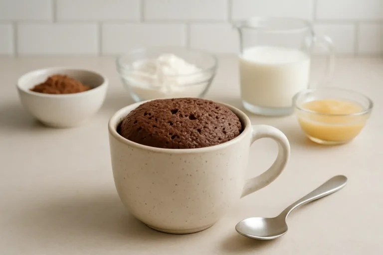 Mug cake sans œuf moelleux servi dans une tasse, avec des ingrédients simples en arrière-plan