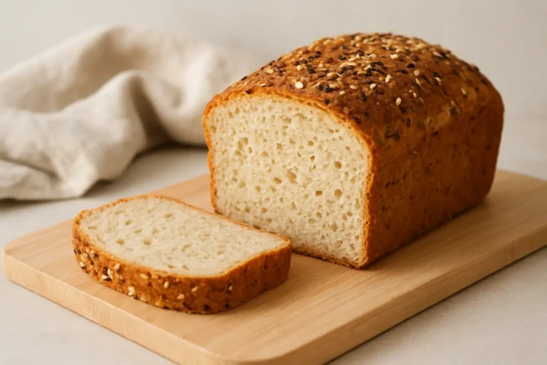 Pain sans gluten maison tranché, à la mie moelleuse et légèrement grillée, posé sur une planche en bois clair