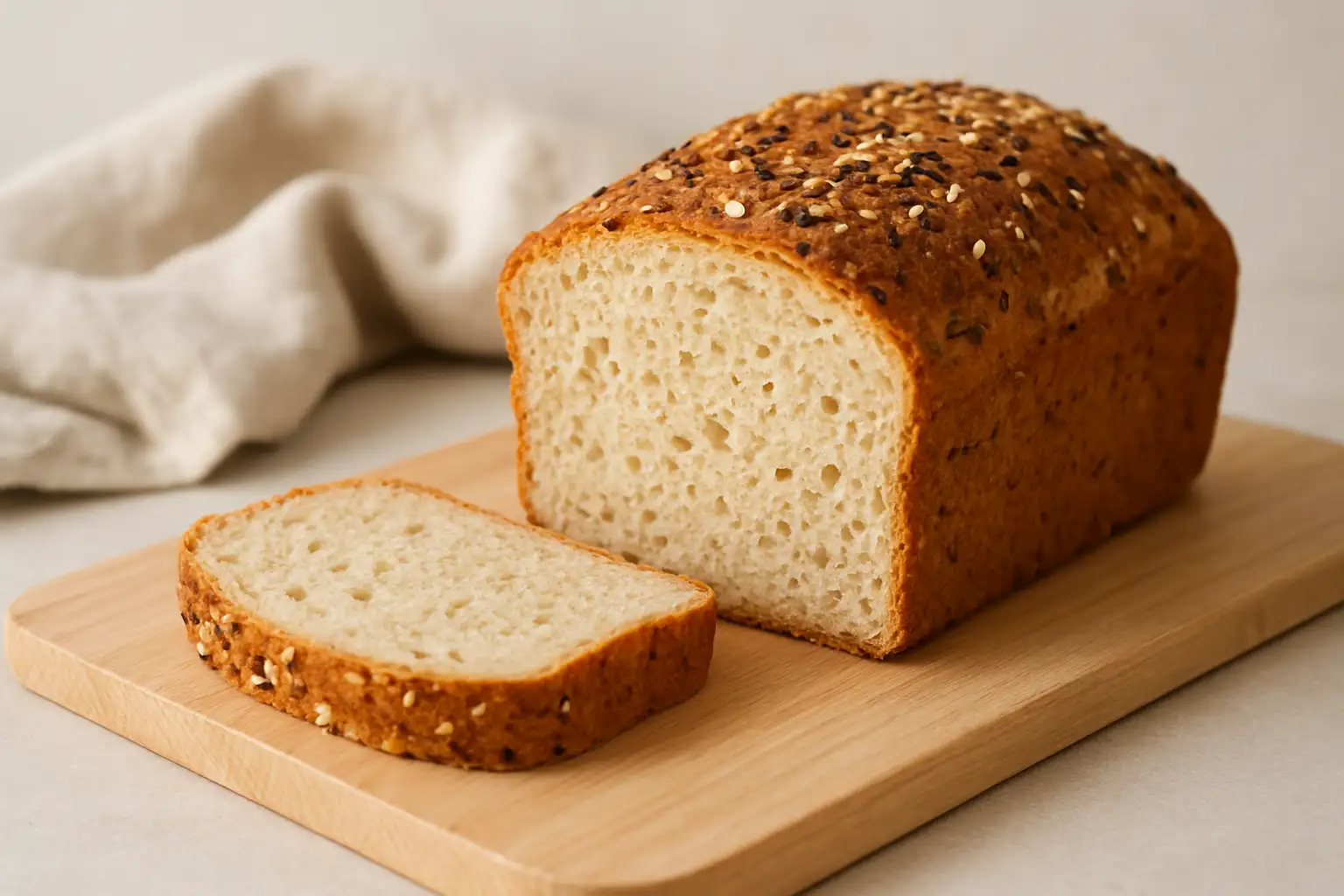 Pain sans gluten maison tranché, à la mie moelleuse et légèrement grillée, posé sur une planche en bois clair