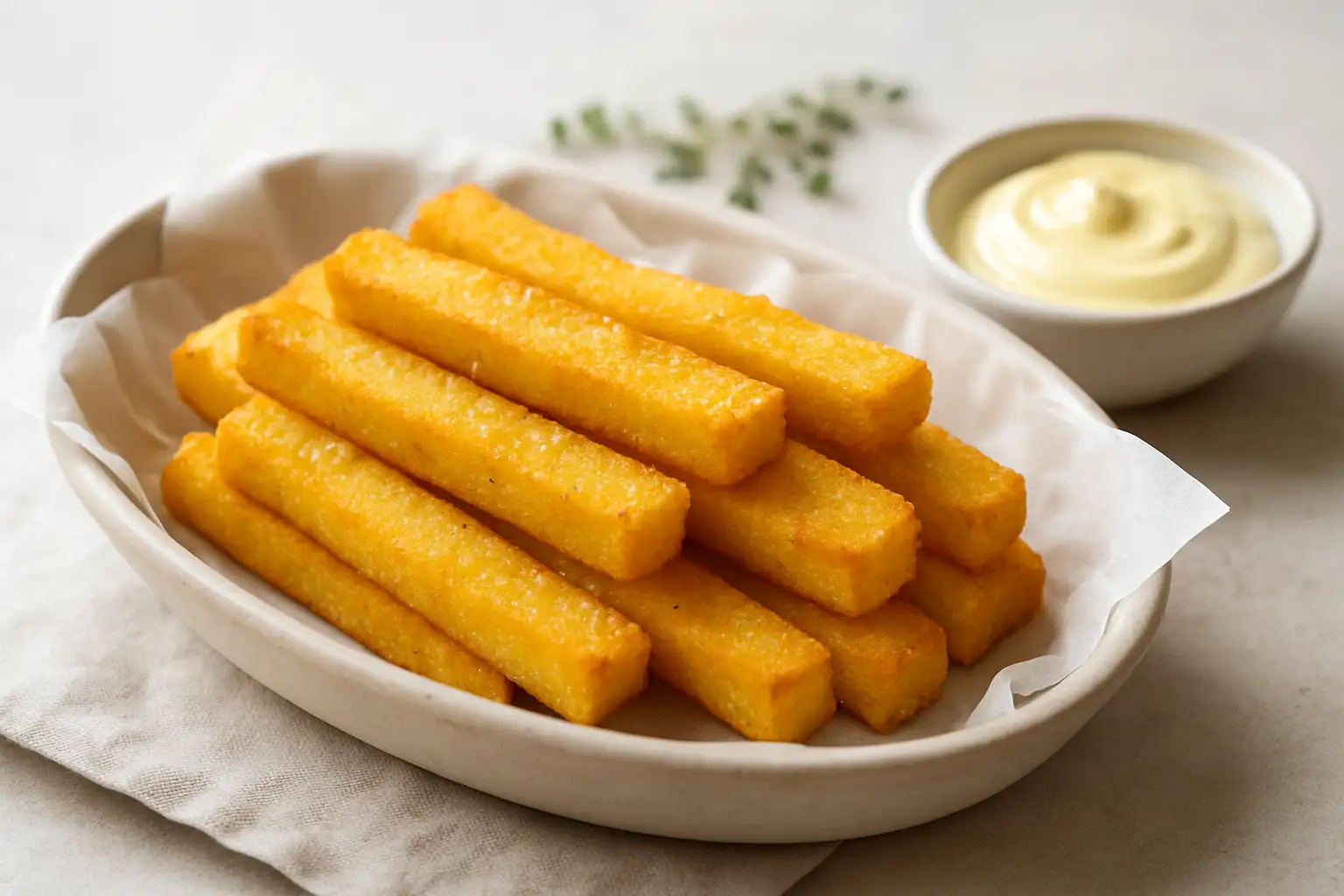 Bâtonnets de panisse dorés avec un bol d’aioli et du thym