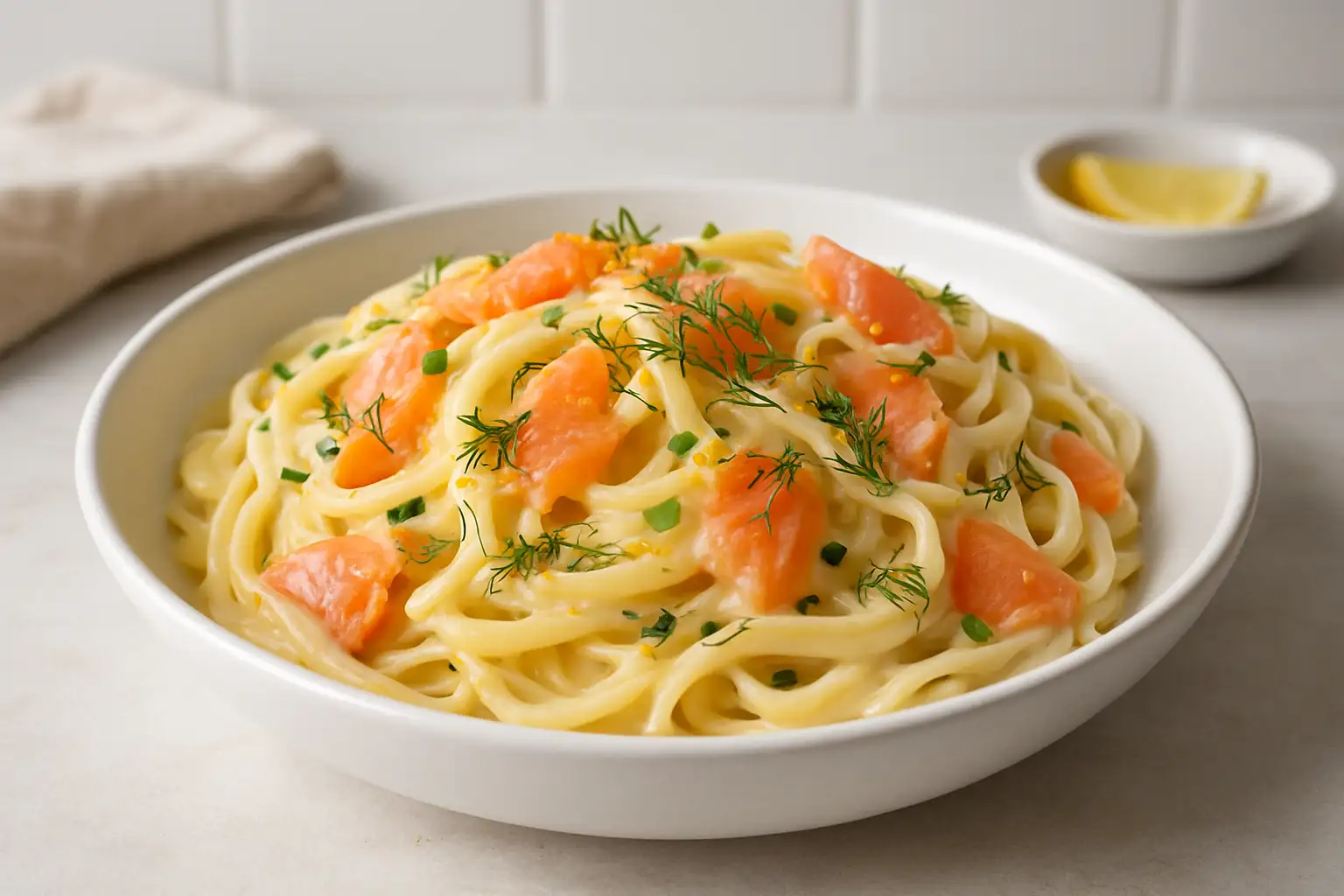 Assiette de pâtes crémeuses au saumon fumé avec aneth et citron