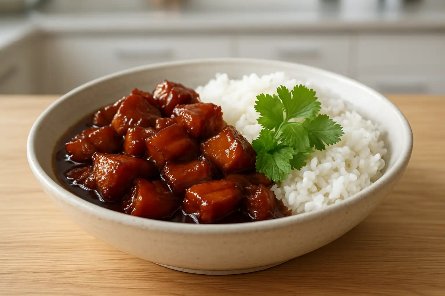 Porc au caramel vietnamien servi avec du riz jasmin dans un bol