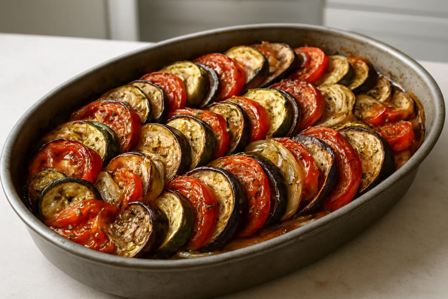 Ratatouille au four dans un plat avec légumes confits et fondants