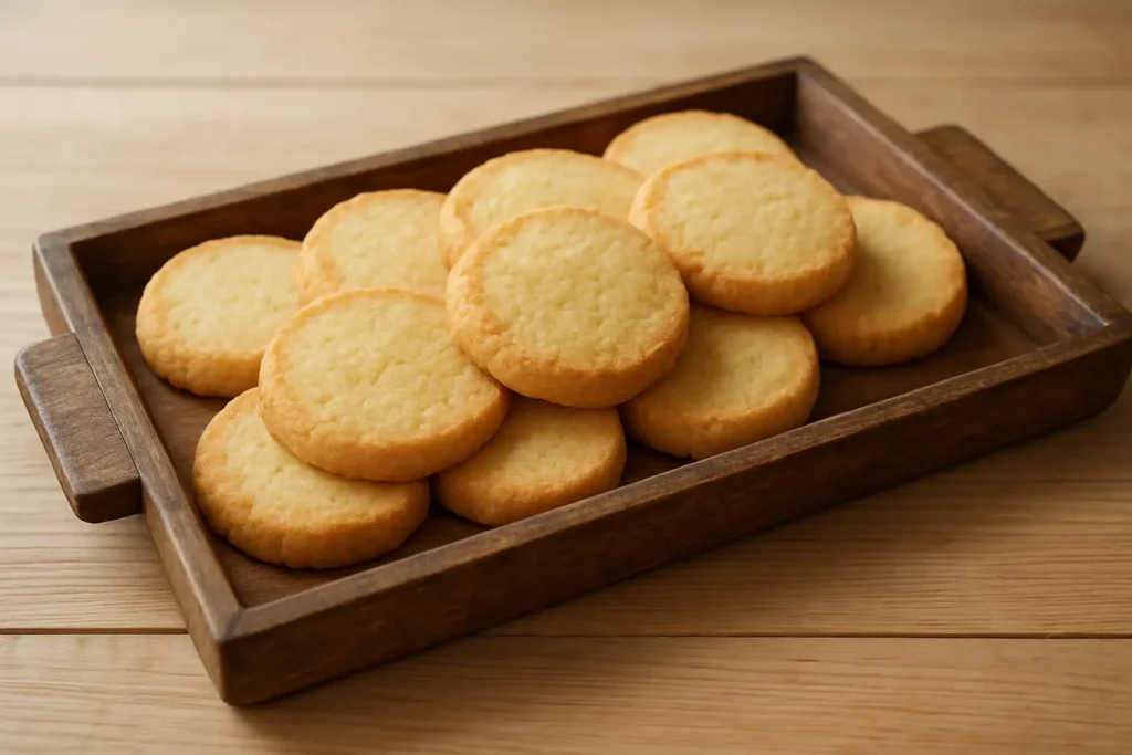Plateau rustique rempli de biscuits sablés maison dorés sur une table en bois clair