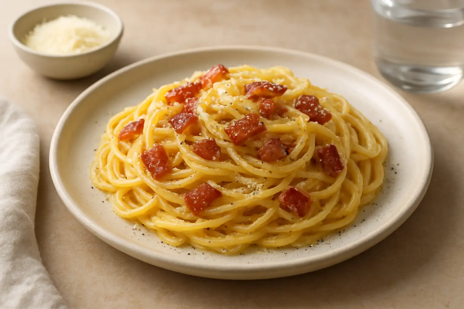 Spaghetti à la carbonara italienne avec guanciale, pecorino et poivre noir