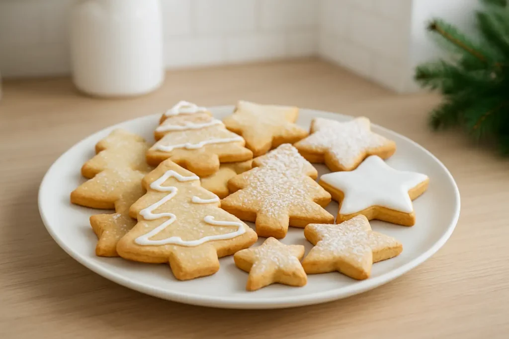 Sablés de Noël maison en forme de sapin et d’étoile, décorés au glaçage et au sucre glace