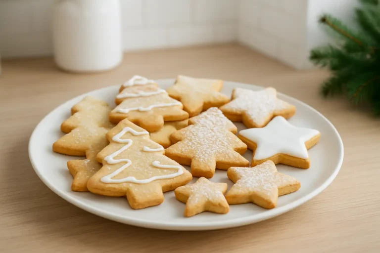 Sablés de Noël maison en forme de sapin et d’étoile, décorés au glaçage et au sucre glace