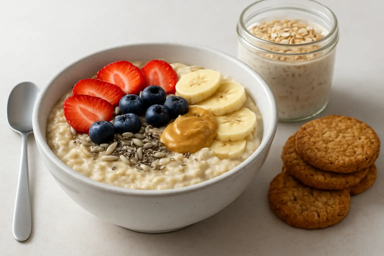 Bol de porridge aux flocons d’avoine avec fruits, overnight oats et biscuits maison