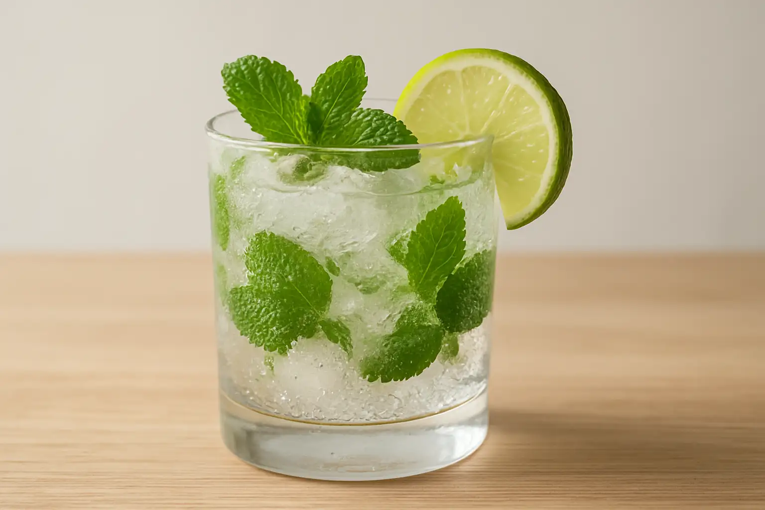 Verre de mojito sans alcool avec glace pilée, menthe fraîche et citron vert