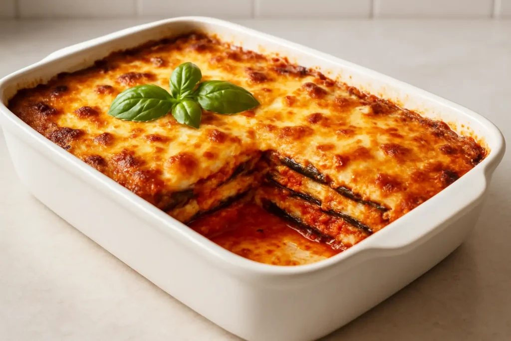 Parmigiana d’aubergines gratinée dans un plat blanc, avec couches visibles de sauce tomate et mozzarella fondue