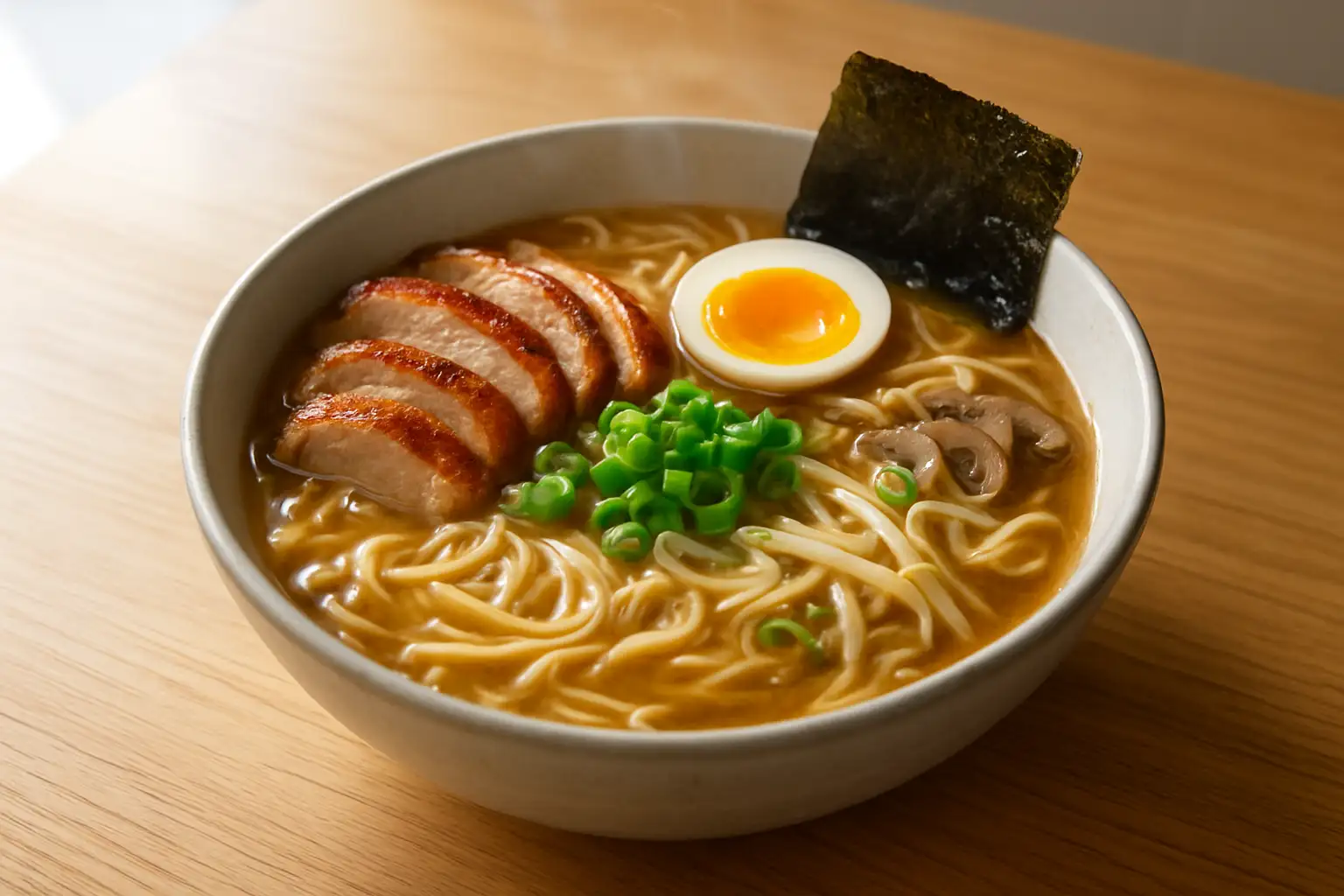 Bol de ramen au poulet maison avec nouilles, œuf mollet, champignons et ciboule